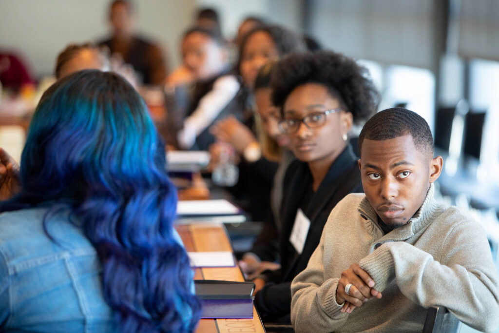 Dillard University students in class listening to professor.